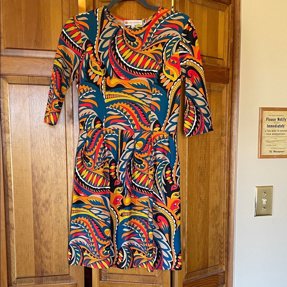 Jude Connally Teal Multicolor Abstract Midi Dress